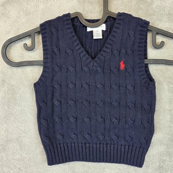 Ralph Lauren Sweater Vest Baby Boys 12M Navy Blue Cable Knit Pullover Pony Logo - Picture 1 of 10